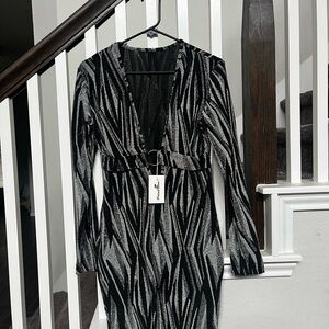 Fashion Nova Black and Silver Long Sleeve Dress